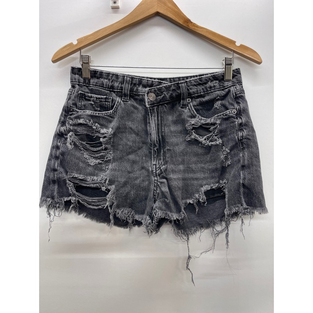 American Eagle Womens Distressed Black Denim Mom Shorts Size 6 High Waisted